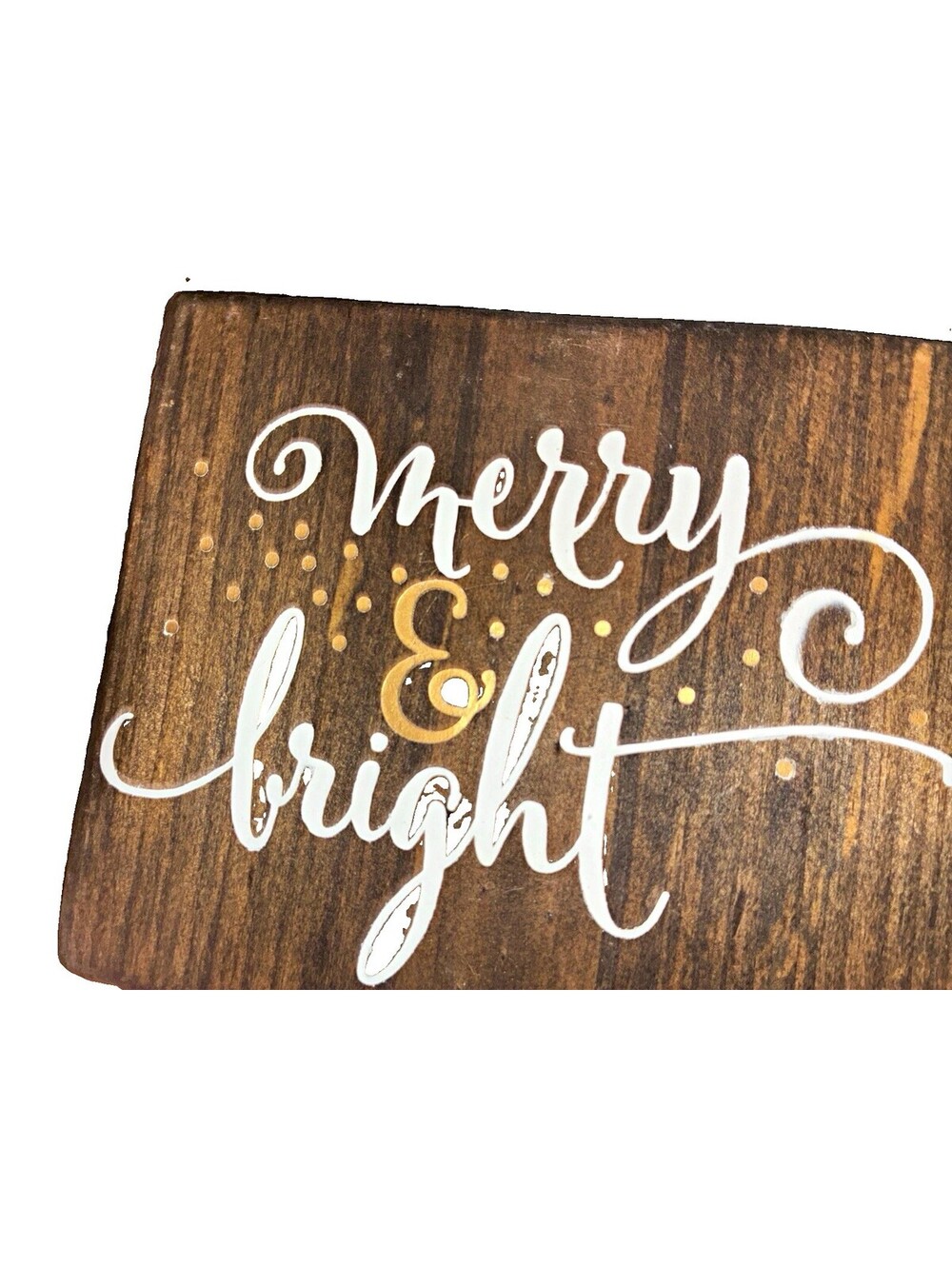 Vintage Wooden Christmas Sign "merry & bright" Dark Walnut Rustic Block Decor